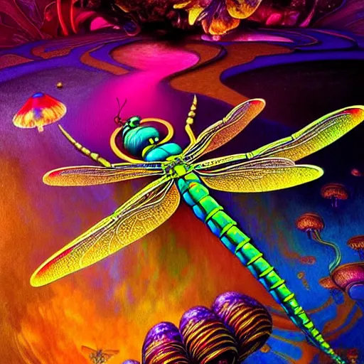 Prompt: An extremely psychedelic abstract illustration of celestial dragonfly, colorful, surreal, dramatic lighting, magic mushrooms, psilocybin, LSD, detailed, intricate, elegant, highly detailed, digital painting, artstation, concept art, smooth, sharp focus, illustration, art by Krenz Cushart and Artem Demura and alphonse mucha