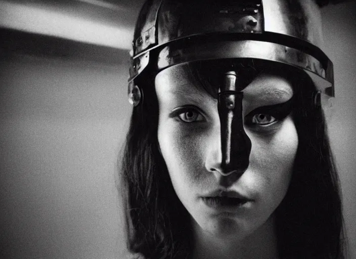 Image similar to close - up portrait of cyberpunk cyborg girl with face armour, in a futuristic subway, richard avedon, tri - x pan