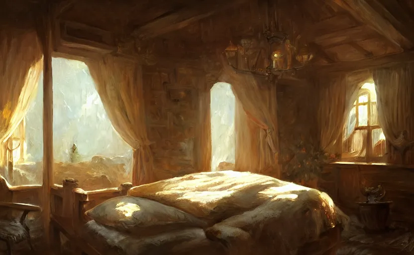 Image similar to painting of an interior of a cozy bedroom carved in a moutain, small hot spring and lush garden outside, other bedrooms can be seen, natural light, fantasy, natural light, concept art, by greg rutkowski and craig mullins, cozy atmospheric and cinematic lighting, trending on artstation