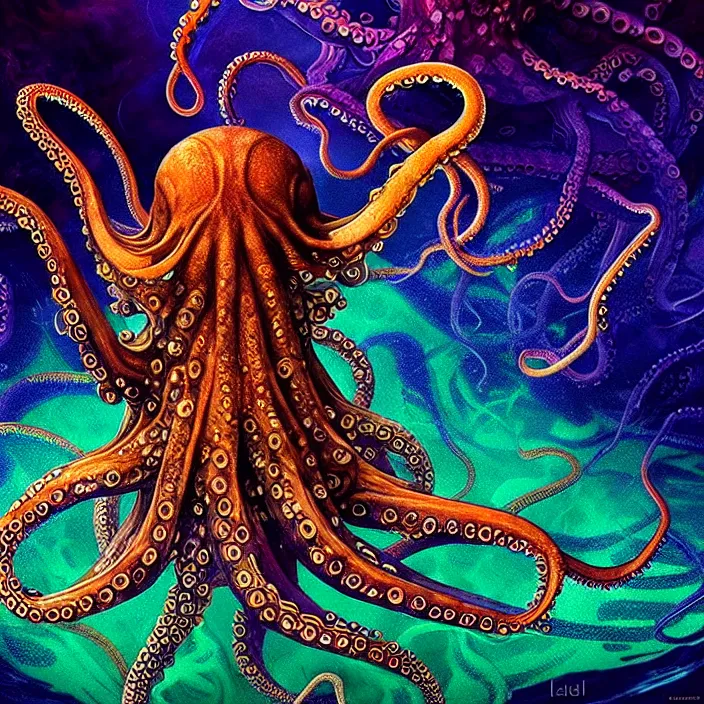 Prompt: depicting an octopus, a submarine with tentacles wrapped around it, in the style of h. p. lovecraft, exuberant organic elegant forms, by karol bak and filip hodas : : 1. 4 purple, red, blue, green, black intricate mandala explosions : : intuit art : : turbulent water backdrop : : damask wallpaper : : atmospheric