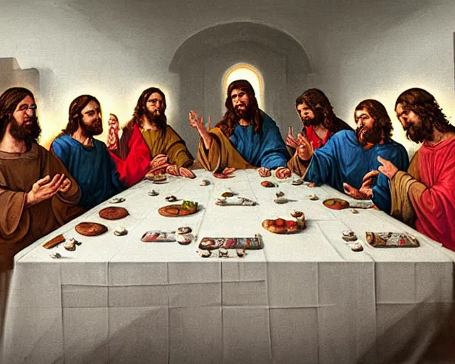 Image similar to lan party in the style of the last supper