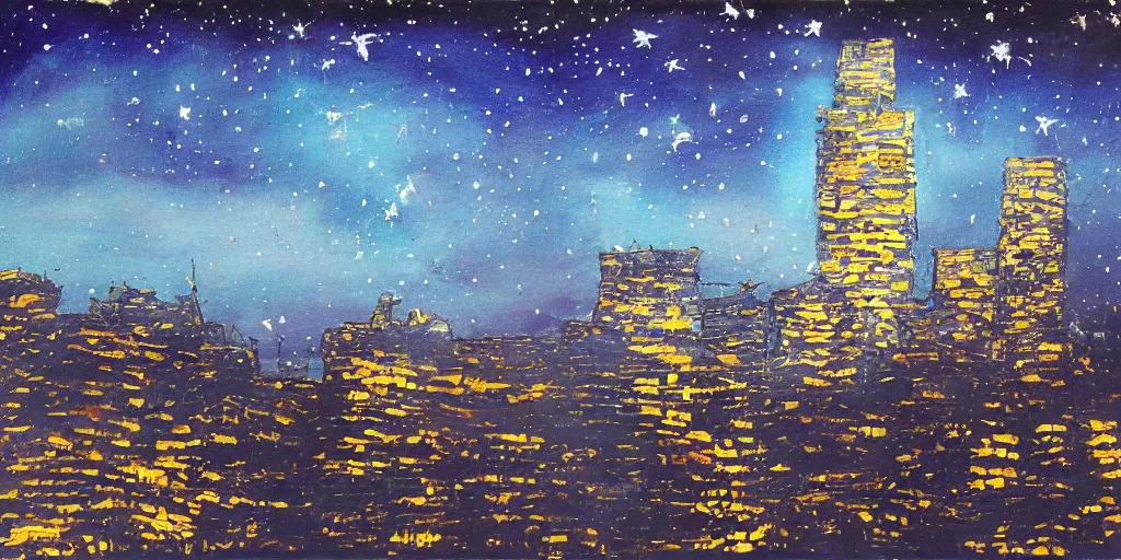 Image similar to stary night painting, norman foster tower, house, city