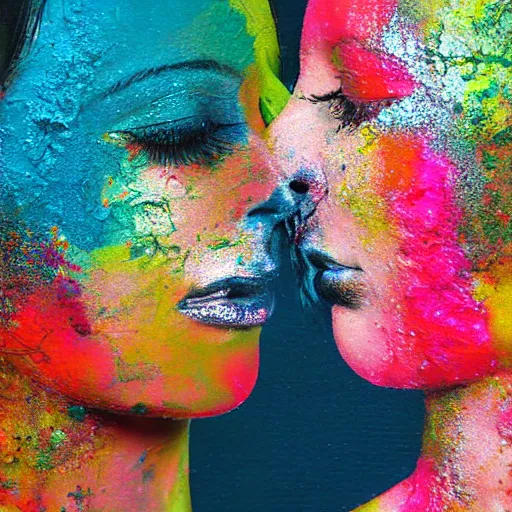 Image similar to double exposure of two women kissing ( closeup ) and a bizarre painting, lomography. this photograph is subsequently printed out and splattered with paint. mixed media collage art with magazines and found art