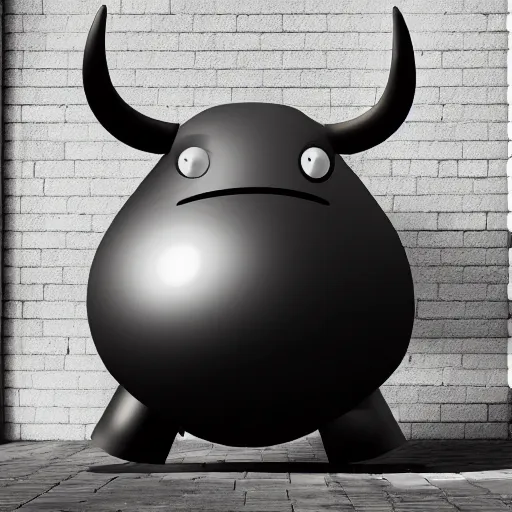 Image similar to a mechanical cow with big head and horns, minimalist style, metal, 3D art, in style of Baymax, smooth