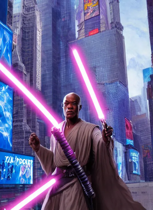 Prompt: An epic fantasy comic book style portrait painting of a young Mace Windu using the force to escape the police in Times Square, Star Wars, Unreal 5, DAZ, hyperrealistic, octane render, cosplay, RPG portrait, dynamic lighting