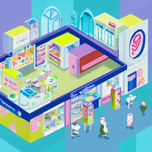 Prompt: isometric view of a drugstore by Chiho Aoshima