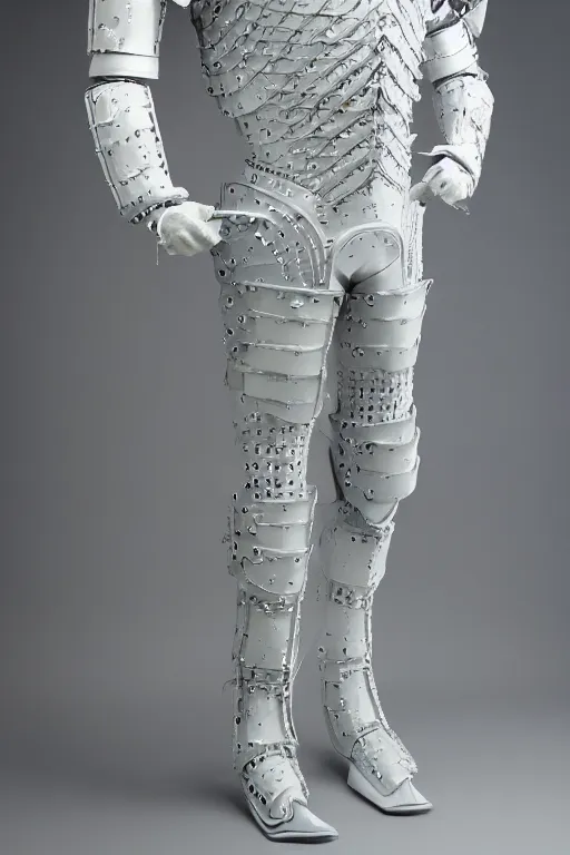 Image similar to Studio photograph of a suit of armor made of white porcelain with blue trim. 8k.