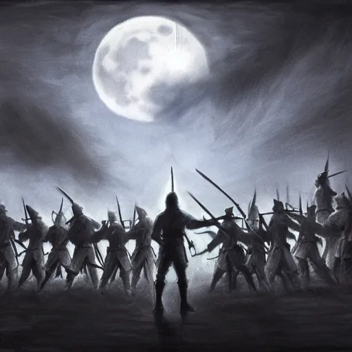 Prompt: hero holding a sword facing an army of the undead, scenic view, dark atmosphere, full moon, moonlight, dynamic lighting, pencil art