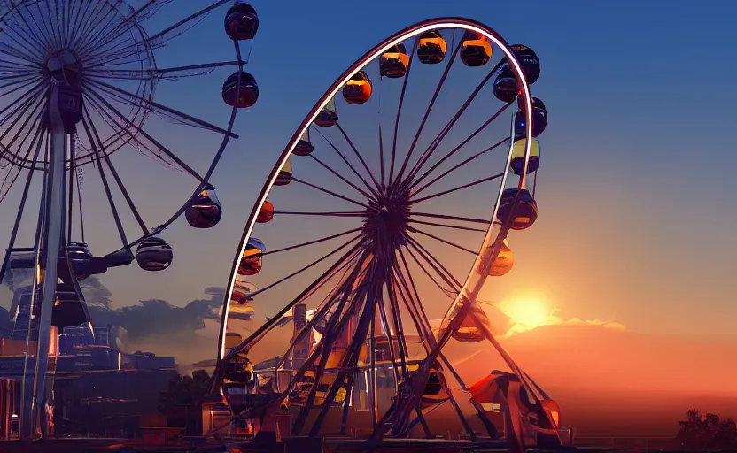 Prompt: one ferris wheel at sunrise, concept art, hyperrealistic, octane render, unreal engine 5, path traced, highly detailed, high quality, 8 k, dramatic lighting, cinematic, high coherence, symmetrical, high contrast, 1 9 8 0 s style, lens flare, godrays