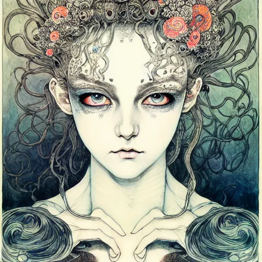 Image similar to prompt: Mysterious girl face painted in William Blake style drawn by Vania Zouravliov and Takato Yamamoto, intricate oil painting, high detail, Neo-expressionism, post-modern gouache marks on the side, gnarly details soft light, white background, intricate detail, intricate ink painting detail, sharp high detail, manga and anime 2000