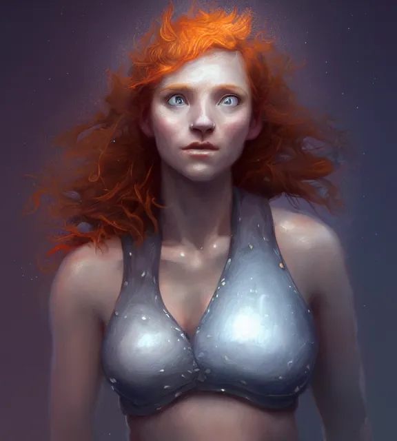 Prompt: cute female blacksmith, perfect face, grey halter top, ginger hair, abs, embers, cinematic, stunning, elegant, highly detailed, psychedelic, digital painting, artstation, smooth, hard focus, illustration, art by jessica rossier and and brian froud