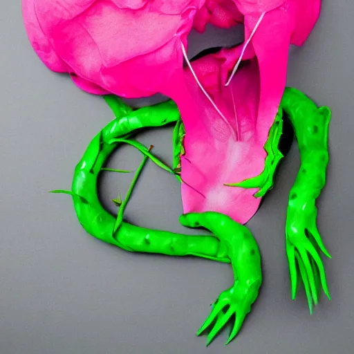 Image similar to studio photograph of a thin green vine creature with vine limbs and a pink blooming flower mouth with many sharp teeth