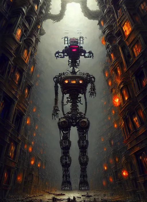 Image similar to A photorealistic 3d render of a robot monster cyborg made of circuits wide view shot by ellen jewett , tomasz alen kopera and Justin Gerard symmetrical features, ominous, magical realism, texture, intricate, ornate, royally decorated, android format, windows, many doors, roofs, complete house , whirling smoke, embers, red adornments, red torn fabric, radiant colors, fantasy, trending on artstation, volumetric lighting, micro details, 3d sculpture, ray tracing, 8k