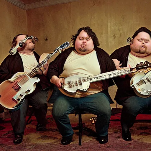 Image similar to 3 fat obese small frogs playing instruments in a band, high-definition photograph