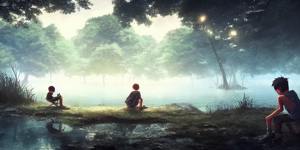 Image similar to a big silver dragon and a boy sitting next to lake in forest, many fireflys, at night, concept art, dof, cryengine, digital art, detailed background, makoto shinkai