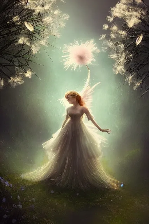 Prompt: gorgeous awe - inspiring fairy appears from a misty landscape, blowing dandelion flower in a soft breeze, fantasy concept art, mystical, smooth, sharp focus, volumetric lighting, in the style of the lord of the rings, artstation, cinematic color grading