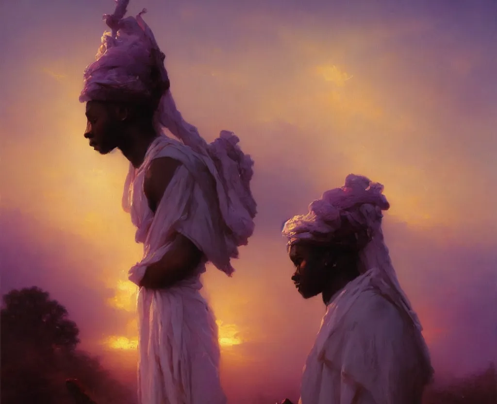 Image similar to stunning african god in minimal ritual garb, posing against a royal purple backdrop by ivan aivazovsky, wlop, oil painting, beautiful soft lighting, muted colours, artstation