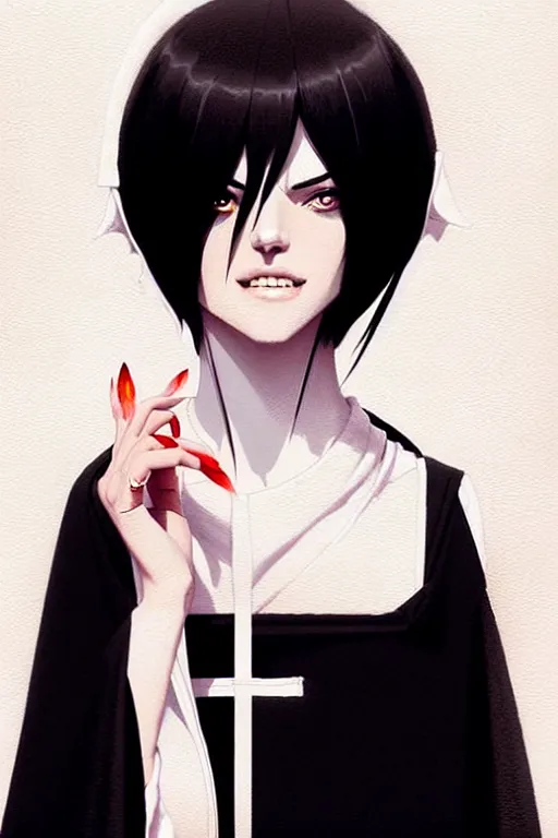 Image similar to a ultradetailed beautiful painting of a stylish nun, she has short black hair with bangs, by conrad roset, greg rutkowski and makoto shinkai trending on artstation