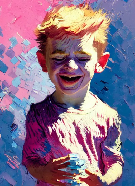 Image similar to portrait of a beautiful little boy, smiling, ecstatic, dancing, eyes closed, open mouth, shades of pink and blue, beautiful face, rule of thirds, intricate outfit, spotlight, by greg rutkowski, by jeremy mann, by francoise nielly, by van gogh, digital painting