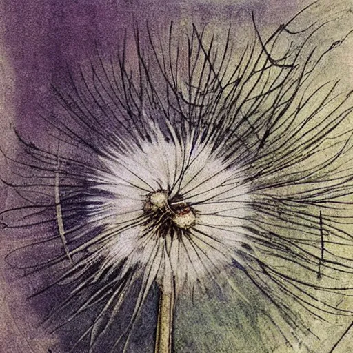 Image similar to a beautiful fairytale painting of a dandelion seed that is also a fluffy fairy. the dandelion seed is the body of the fairy. beautiful clear painting by arthur rackham