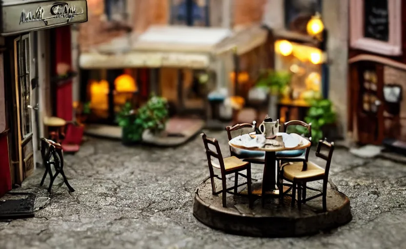 Prompt: miniature cafe diorama macro photography, cafe for mice, alleyway, ambient, atmospheric, british, bokeh, romantic