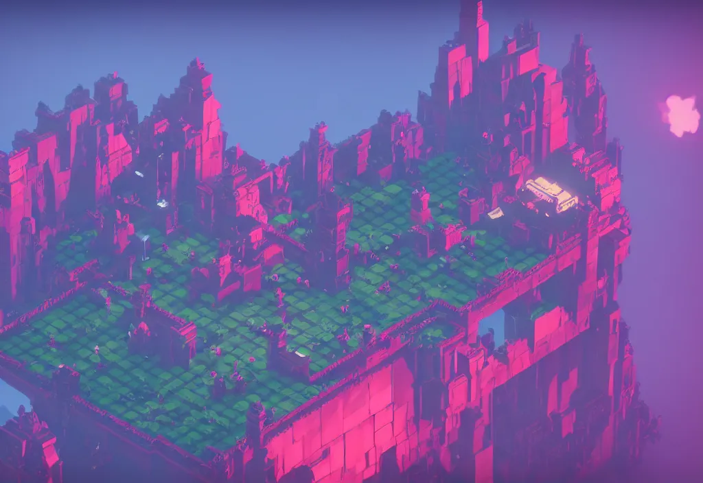 Image similar to isometric magicavoxel Bloodborne no mans sky cinematic lighting, 4k