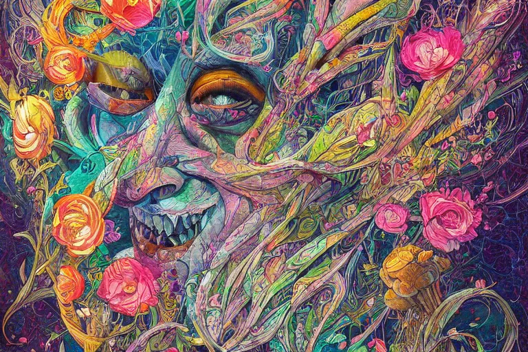 Image similar to a painting of a creature with flowers on its head, poster art by android jones, behance contest winner, generative art, made of flowers, grotesque, concert poster