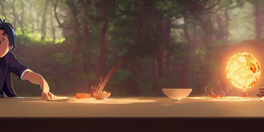 Prompt: a wholesome animation key shot of a focused magician practising spells, medium shot, waist up, studio Ghibli, Pixar and Disney animation, sharp, very detailed, high resolution, Rendered in Unreal Engine 5, anime key art by Greg Rutkowski, Bloom, dramatic lighting