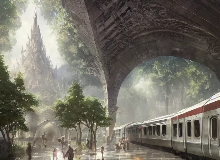 Image similar to A train subway inside a beautiful elven city made of white marble, anime, lush trees, fountain, statue, a fantasy digital painting by Greg Rutkowski and James Gurney, trending on Artstation, highly detailed