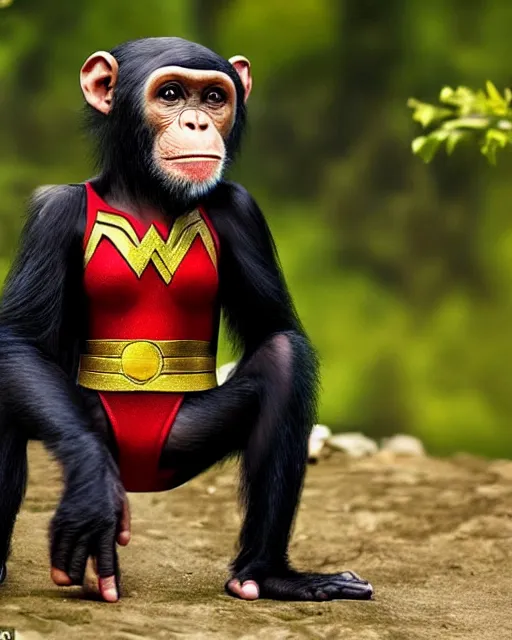 Image similar to A chimpanzee wearing a Wonder Woman outfit, photographed in the style of National Geographic, hyperreal