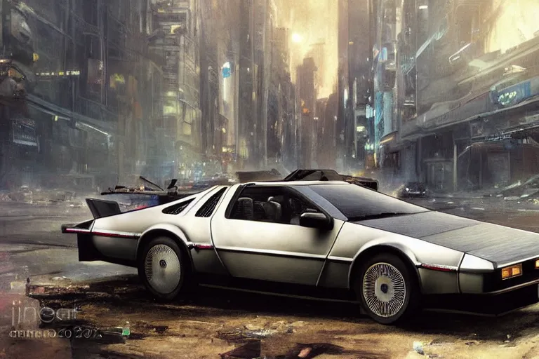 Prompt: photograph of the delorean, with a sleek spoiler, driving down the streets of a cyberpunk abandoned city, by greg rutkowski, by stanley artgerm, by alphonse mucha