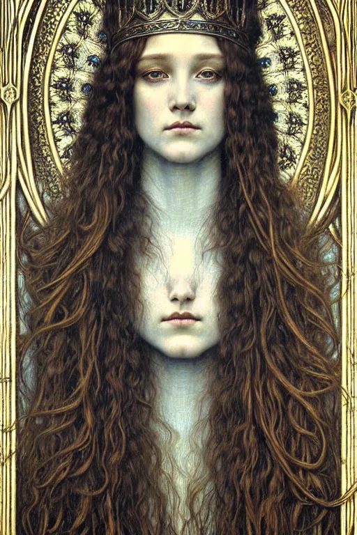 Image similar to detailed realistic beautiful young medieval queen face portrait by jean delville, gustave dore and marco mazzoni, art nouveau, symbolist, visionary, gothic, pre - raphaelite. horizontal symmetry