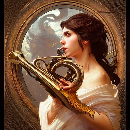 Image similar to a strange blowing horn, d & d, fantasy, intricate, elegant, highly detailed, digital painting, artstation, concept art, smooth, sharp focus, illustration, art by artgerm and greg rutkowski and alphonse mucha