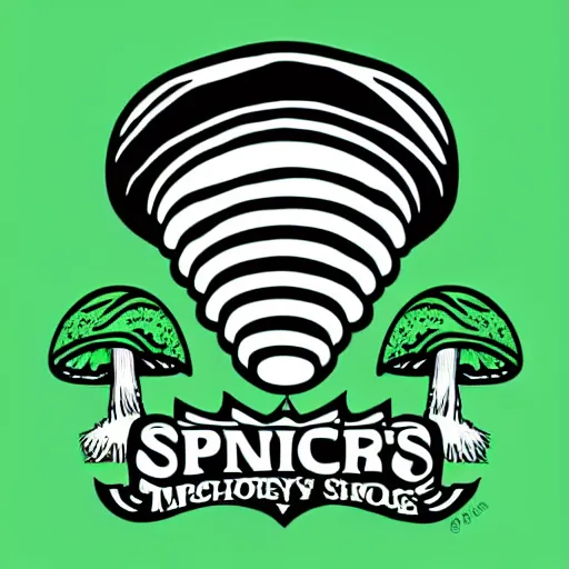 Image similar to Spencers Shroomery logo. Mushroom theme, transcendent style, by Aaron Draplin