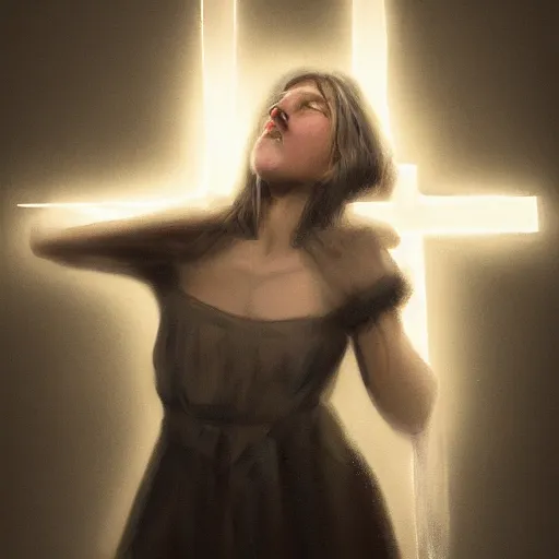 Prompt: shameless woman whis impudent facial expression, shadow of the cross, dark and mysterious, atmospheric, trending on artstation, highly detailed, digital painting, volumetric light, concept art, middle focus, illustration