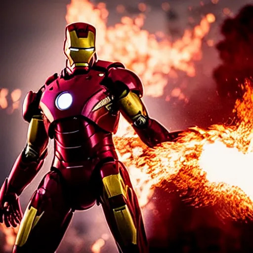 Image similar to < photo hd stunning reimagined mood = gritty gaze = camera > iron man shooting flames from his hands, burning city in the background < / photo >