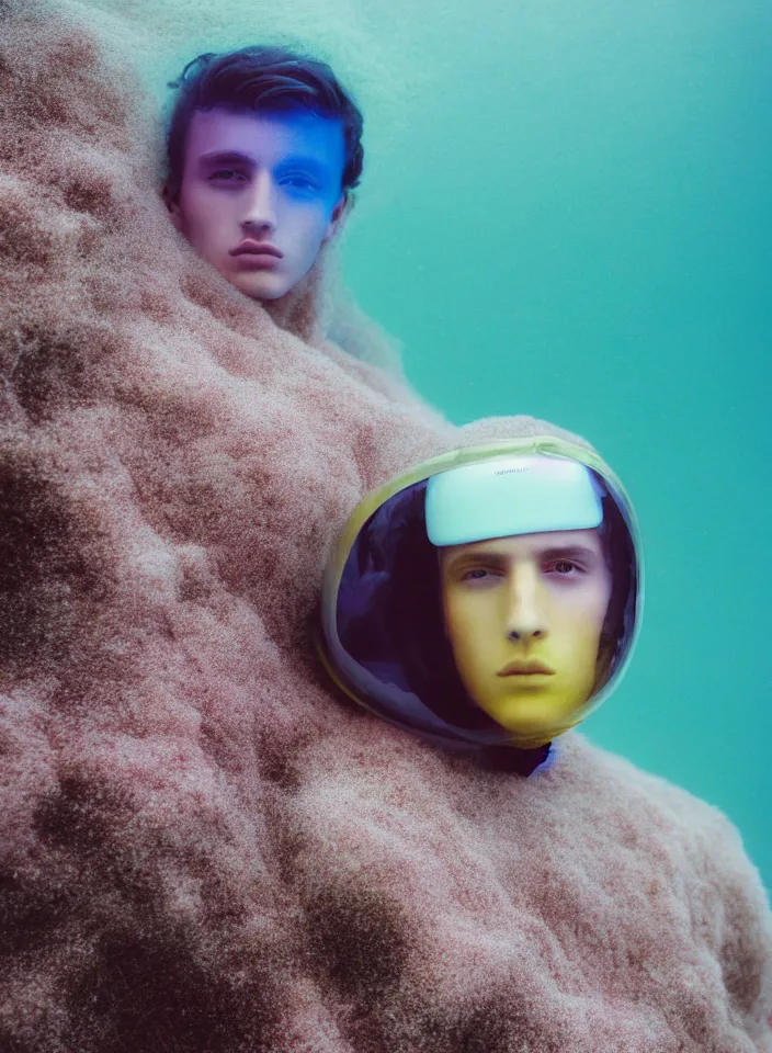 Image similar to high quality pastel coloured film portrait photograph of a beautiful young 2 0 year old male, soft features, short hair, wearing perspex space mask and oversized inflated clothing!! icelandic black rock pool environment. atmospheric three point light. photographic. art directed. ( pastel colours ). volumetric. clearcoat. waves. 8 k. filmic.