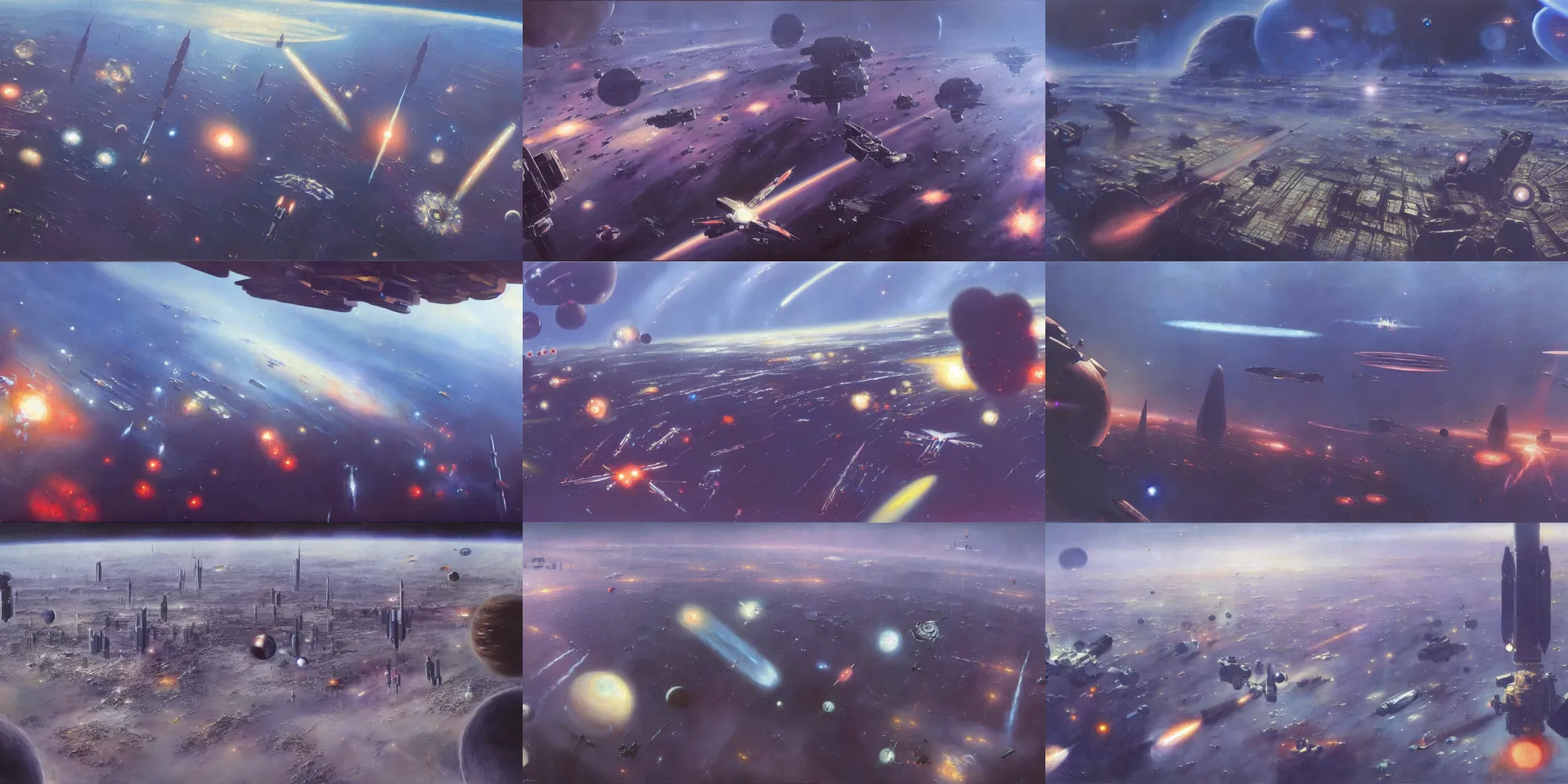 Prompt: a gorgeous painting of the low earth orbit space city under war by john harris. ultra clear detailed. 8 k