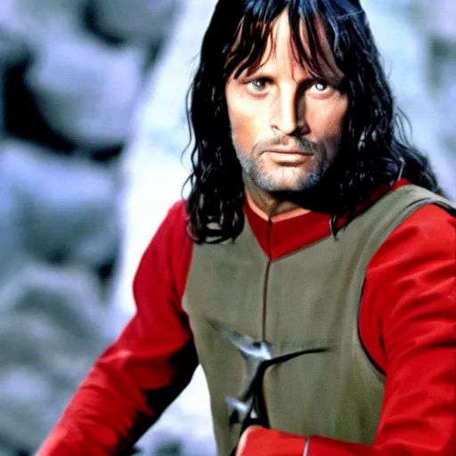 Image similar to A still of Aragorn on Star Trek: The Original Series, red shirt, sharp focus, high quality, very realistic, 4k