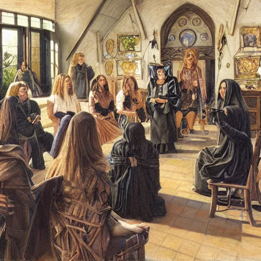 Prompt: witchcraft seminar at a university, by donato giancola and berthold woltze.