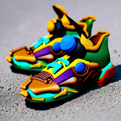 Image similar to realistic scultpure of plastic toy sneaker! design, sneaker design overwatch botw fantasy style mixed with aztec mayan native street fashion, focus on sneakers only, shoes designed by akira toriyama and studio ghibli