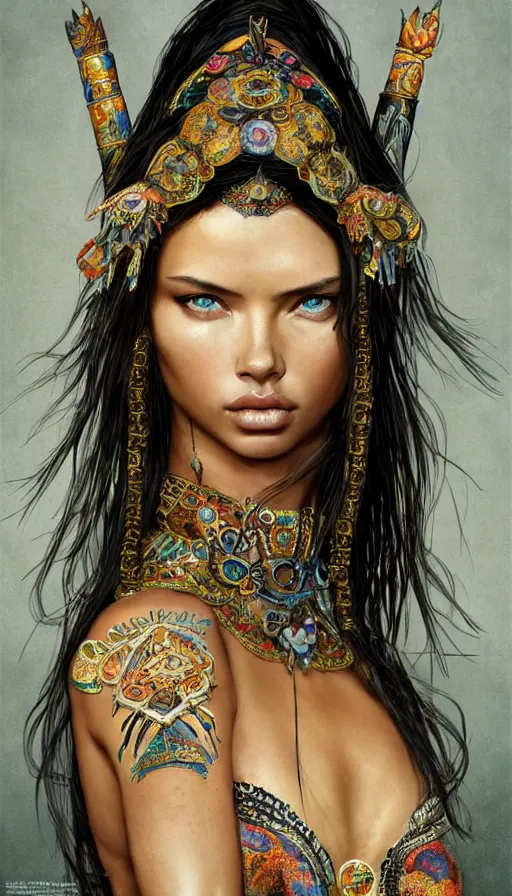 Prompt: girl adriana lima, mongolian shaman clothing, ritual, fame of thrones, fibonacci, sweat drops, intricate fashion clothing, insane, intricate, highly detailed, surrealistic, digital painting, artstation, concept art, smooth, sharp focus, illustration, unreal engine 5, 8 k, art by artgerm and greg rutkowski and alphonse mucha