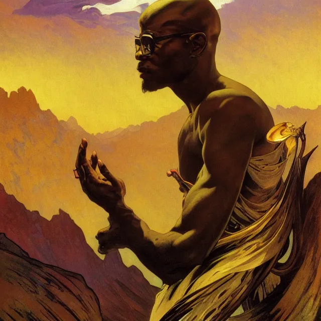 Image similar to an aesthetic! a detailed image of a black man, bald head, spectacles, with mountains of gold in the background, by frank frazetta and alphonse mucha, oil on canvas, art nouveau dungeons and dragons fantasy art, hd, god rays, ray tracing, crisp contour lines, huhd