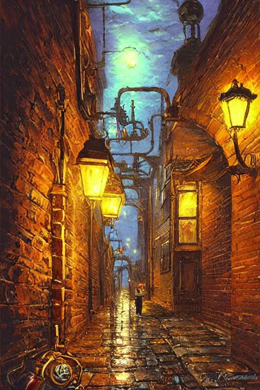 Prompt: oil painting steampunk alley with cobblestone street Victorian Audrey Hepburn under a street lamp by James Gurney, Thomas Kinkade, Ralph Horsley vivid color