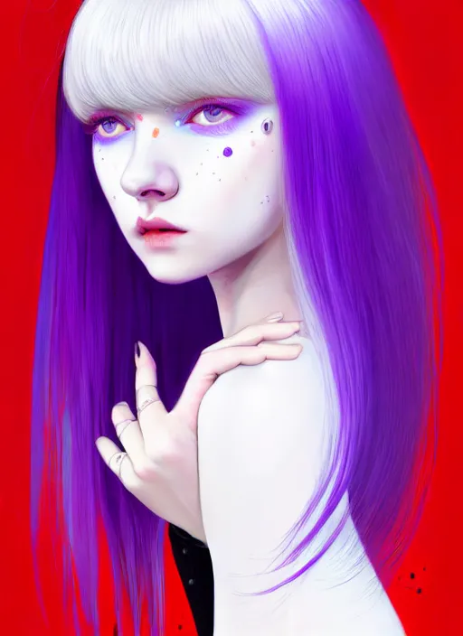 Image similar to hair whitebangs hair, black hair, whitebangs, portrait of teenage girl with white bangs, red irises, purple clothes, white bangs, bangs are different color from hair, intricate, elegant, glowing lights, highly detailed, digital painting, artstation, concept art, smooth, sharp focus, illustration, art by wlop, mars ravelo and greg rutkowski