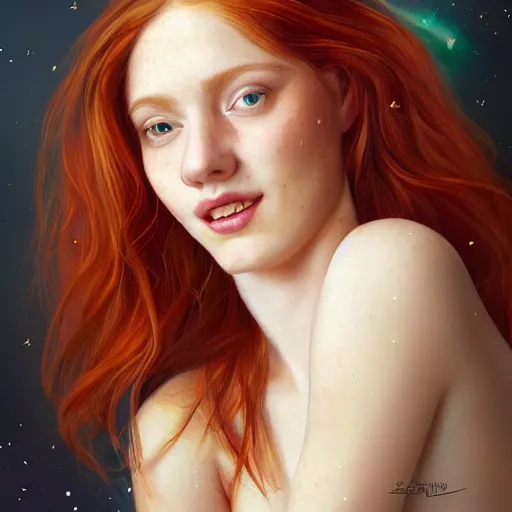 Prompt: a highly detailed, hyper realistic, full body gorgeous portrait of a red haired young woman, surrounded by the like of golden fireflies, long hair, green eyes, hint of freckles, round gentle face, cheeky smile, romantic, deep focus, elegant, digital painting, smooth, sharp, golden ratio, illustration, art by artgerm and caravaggio