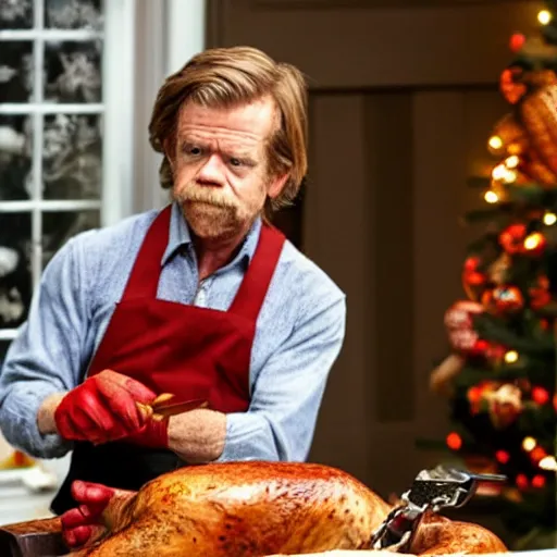 Image similar to William H Macy carving a turkey with a knife during Christmas