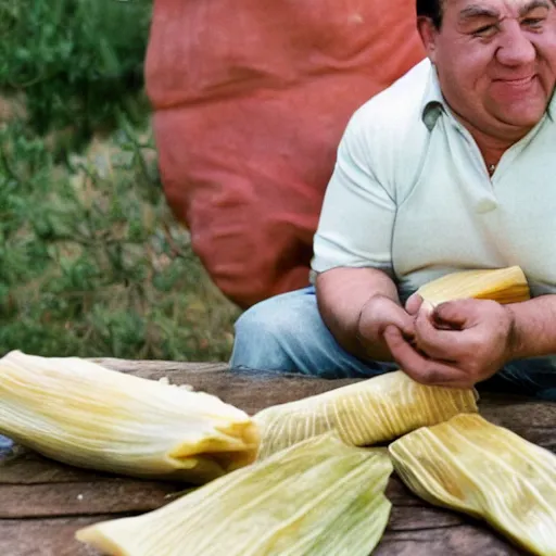 Image similar to Fred Flintstone eating tamales