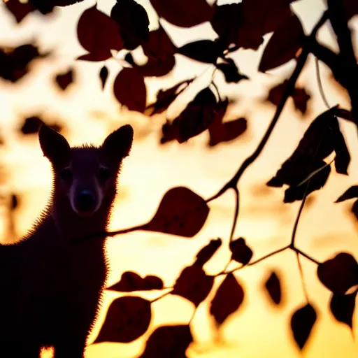 Image similar to animals made of leaves trees and vines, sunset magic hour backlit photography, bokeh