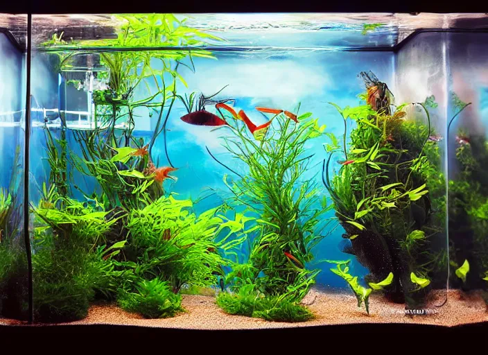 Prompt: arrays of betta tanks, pleasing two - point - perspective anime background clean neat clarity professional visual development set design, tiny cozy store with hanging bird cages and bright fish aquariums, sparse planted terrariums, dim painterly lighting volumetric aquatics, impasto, trending on pixiv